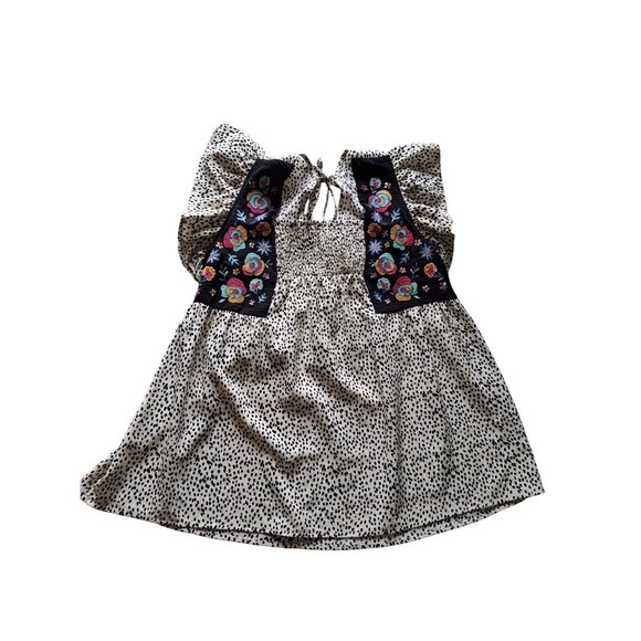 Boho-Chic Womens Embroidered Polka Dot Smocked Top Tie Back Ruffle Sleeves L - Picture 1 of 8